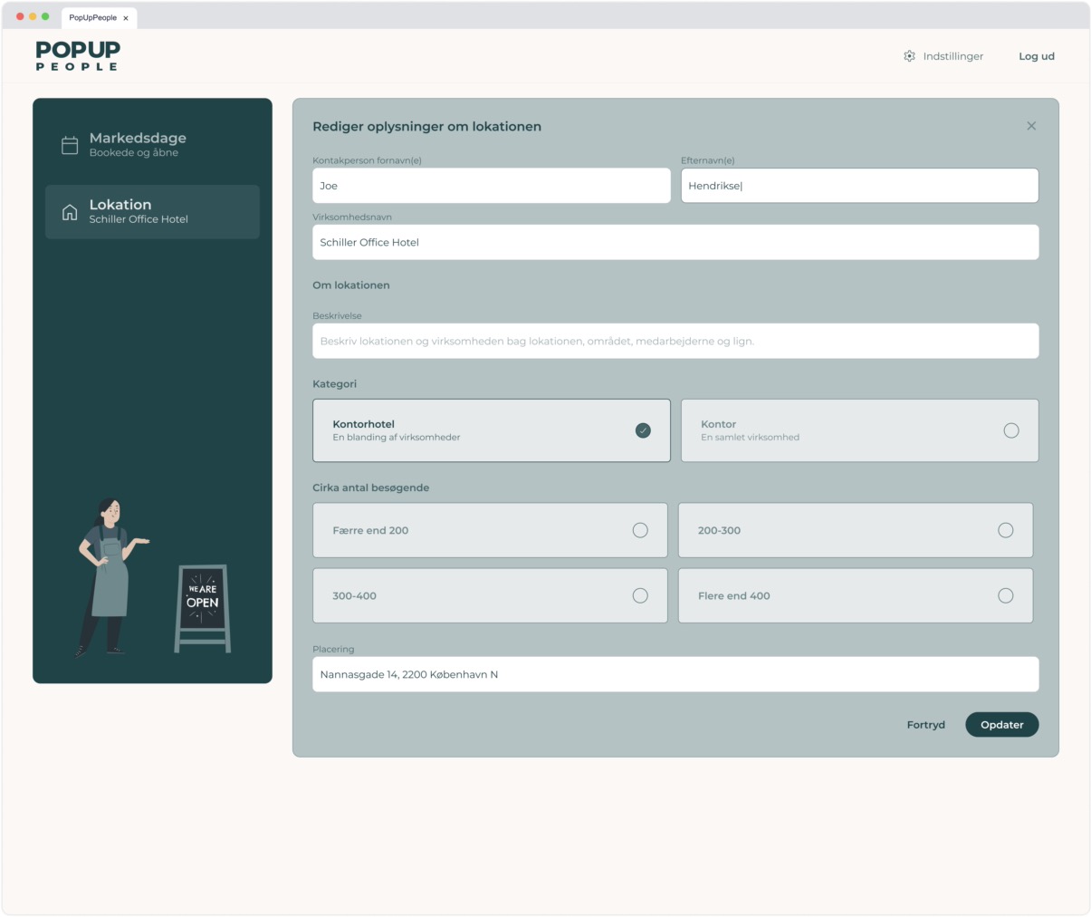 Modal for editing location details with form fields for contact name, company name, description, category selection, visitor count radios, address input, and update actions.